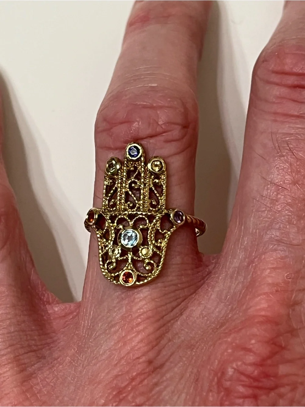 925 Sterling Silver 14K Gold Plated Hamsa Hand Chakra Gemstone Ring Sz 9